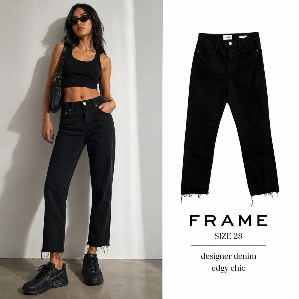 FRAME Le High Straight Jeans Womens 28 Black Film Noir Mid Rise Raw Hem Grunge